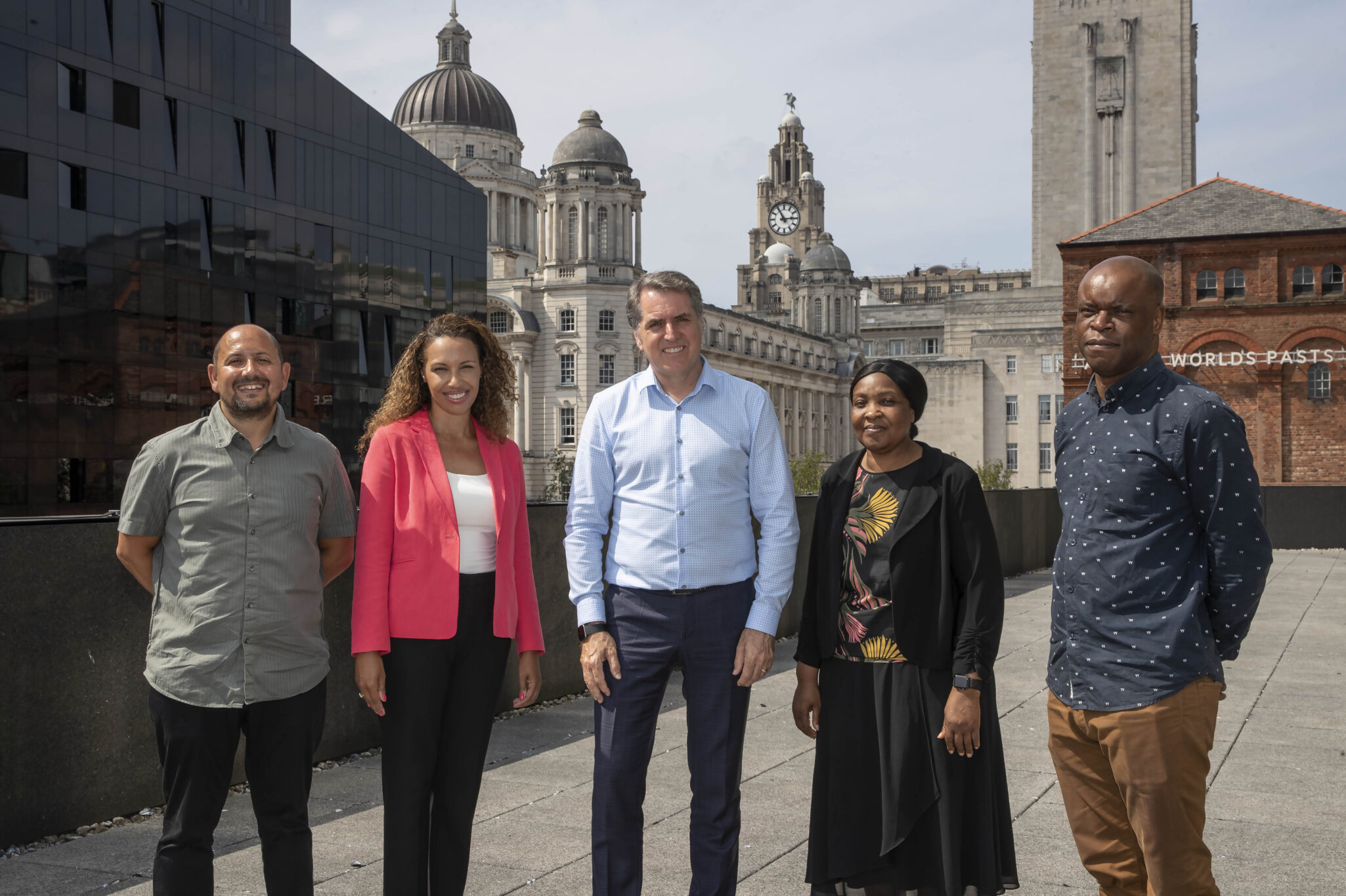 Metro Mayor Steve Rotheram (centre) pictured with (l to r) Earl Jenkins, Chair of Kingsley United FC, Lorna Rogers, Assistant Director, Mayoral Programme Delivery at the Liverpool City Region Combined Authority, Moni Akinsanya, Equality, Diversity & Inclusion Manager at Liverpool John Moores University, and Emeka Onuora, Race Equality Project Manager at the Liverpool City Region Combined Authority.
